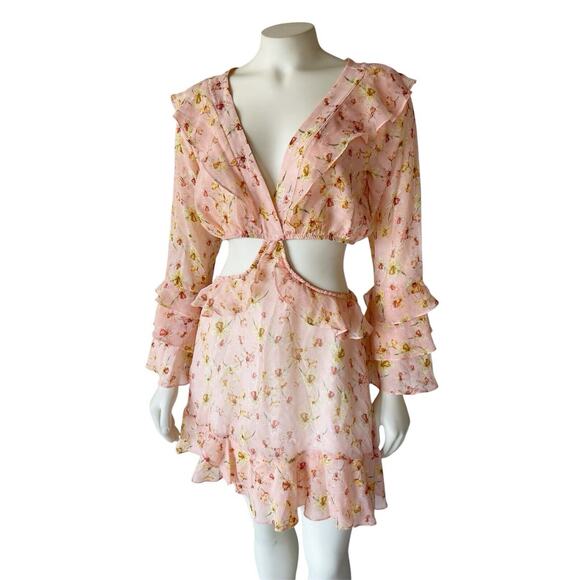 Sinesia Karol Steffany Floral Chiffon Dress Cutout Pink Small - Picture 4 of 7